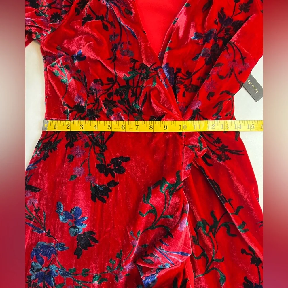 House of Harlow 1960 Revolve Red Floral Velvet Wrap Dress Holiday Party Wedding - Picture 10 of 16